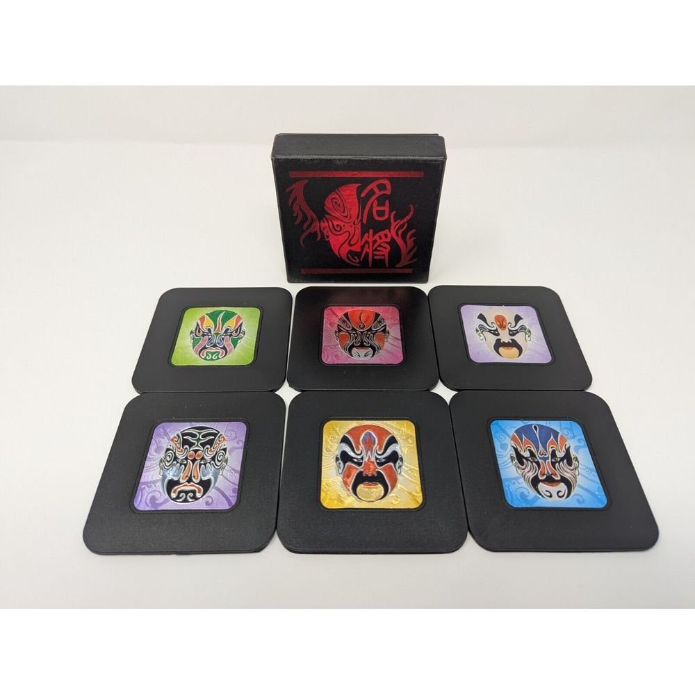 Japanese Kabuki Masked Faces Drink Coasters Boxed Set of‎ 6 Reflective Metallic